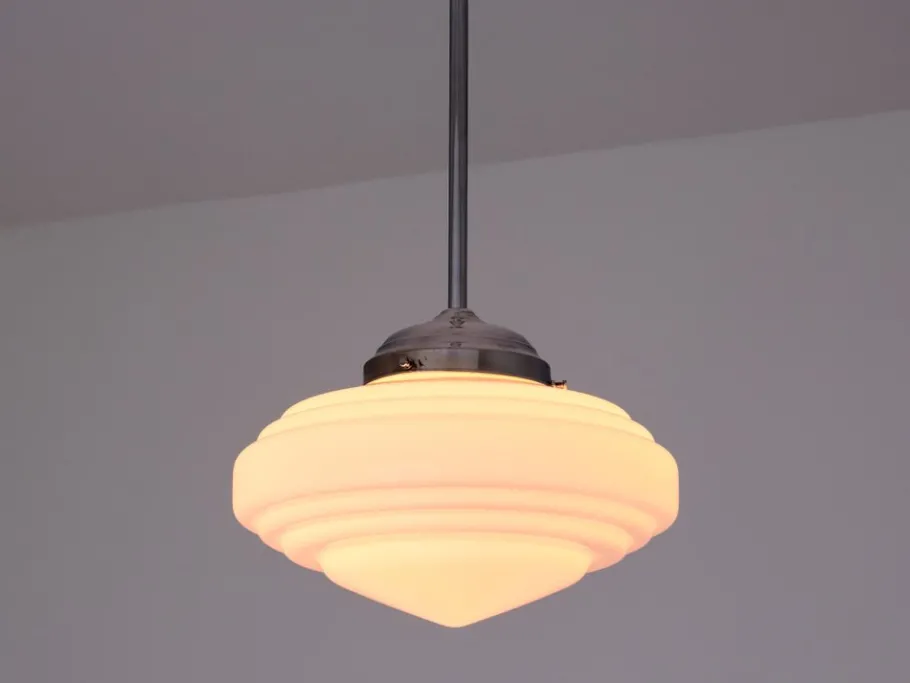 New Pamono Art Deco Tiered Pendant Light in Opal Glass & Nickel from Gispen, Netherlands, 1950s