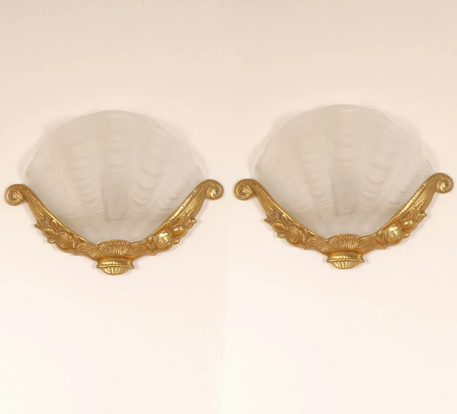 Online Pamono Art Deco Wall Lamps Glass Clam Shell Sconces in Gilt Bronze White Gold by Johann Loetz Witwe for Muller Frères, 1930s, Set of 2
