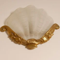 Online Pamono Art Deco Wall Lamps Glass Clam Shell Sconces in Gilt Bronze White Gold by Johann Loetz Witwe for Muller Frères, 1930s, Set of 2