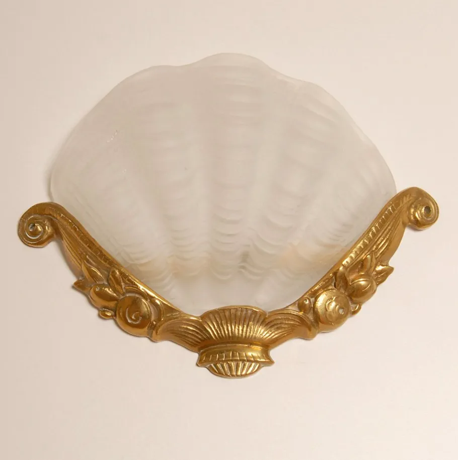 Online Pamono Art Deco Wall Lamps Glass Clam Shell Sconces in Gilt Bronze White Gold by Johann Loetz Witwe for Muller Frères, 1930s, Set of 2