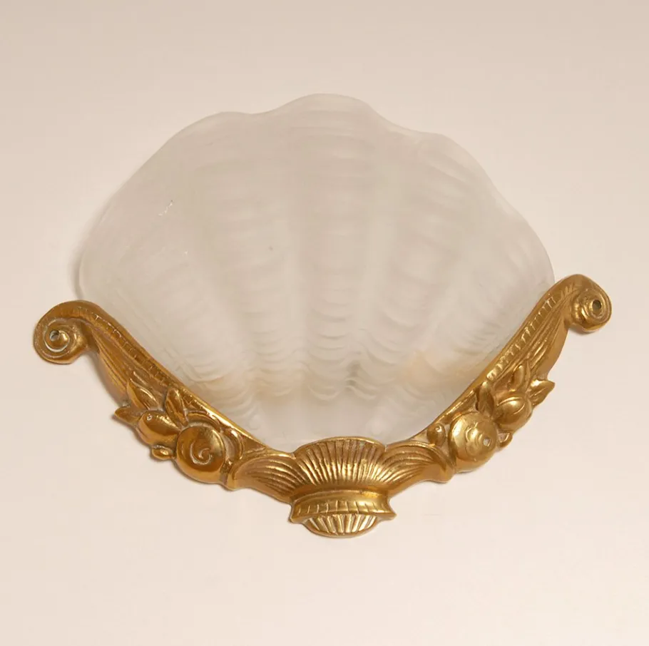 Online Pamono Art Deco Wall Lamps Glass Clam Shell Sconces in Gilt Bronze White Gold by Johann Loetz Witwe for Muller Frères, 1930s, Set of 2
