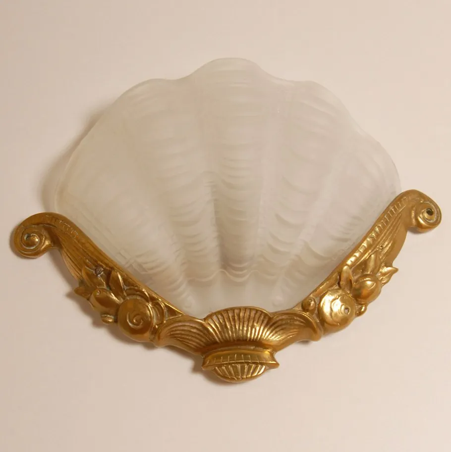 Online Pamono Art Deco Wall Lamps Glass Clam Shell Sconces in Gilt Bronze White Gold by Johann Loetz Witwe for Muller Frères, 1930s, Set of 2
