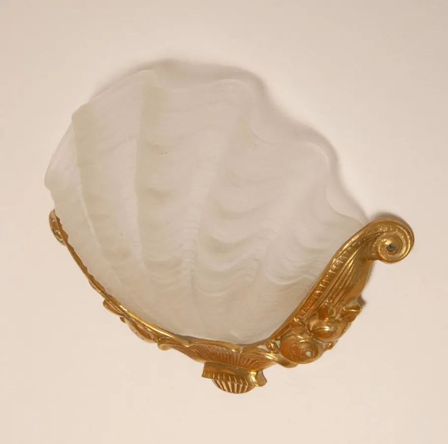 Online Pamono Art Deco Wall Lamps Glass Clam Shell Sconces in Gilt Bronze White Gold by Johann Loetz Witwe for Muller Frères, 1930s, Set of 2