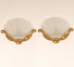 Online Pamono Art Deco Wall Lamps Glass Clam Shell Sconces in Gilt Bronze White Gold by Johann Loetz Witwe for Muller Frères, 1930s, Set of 2