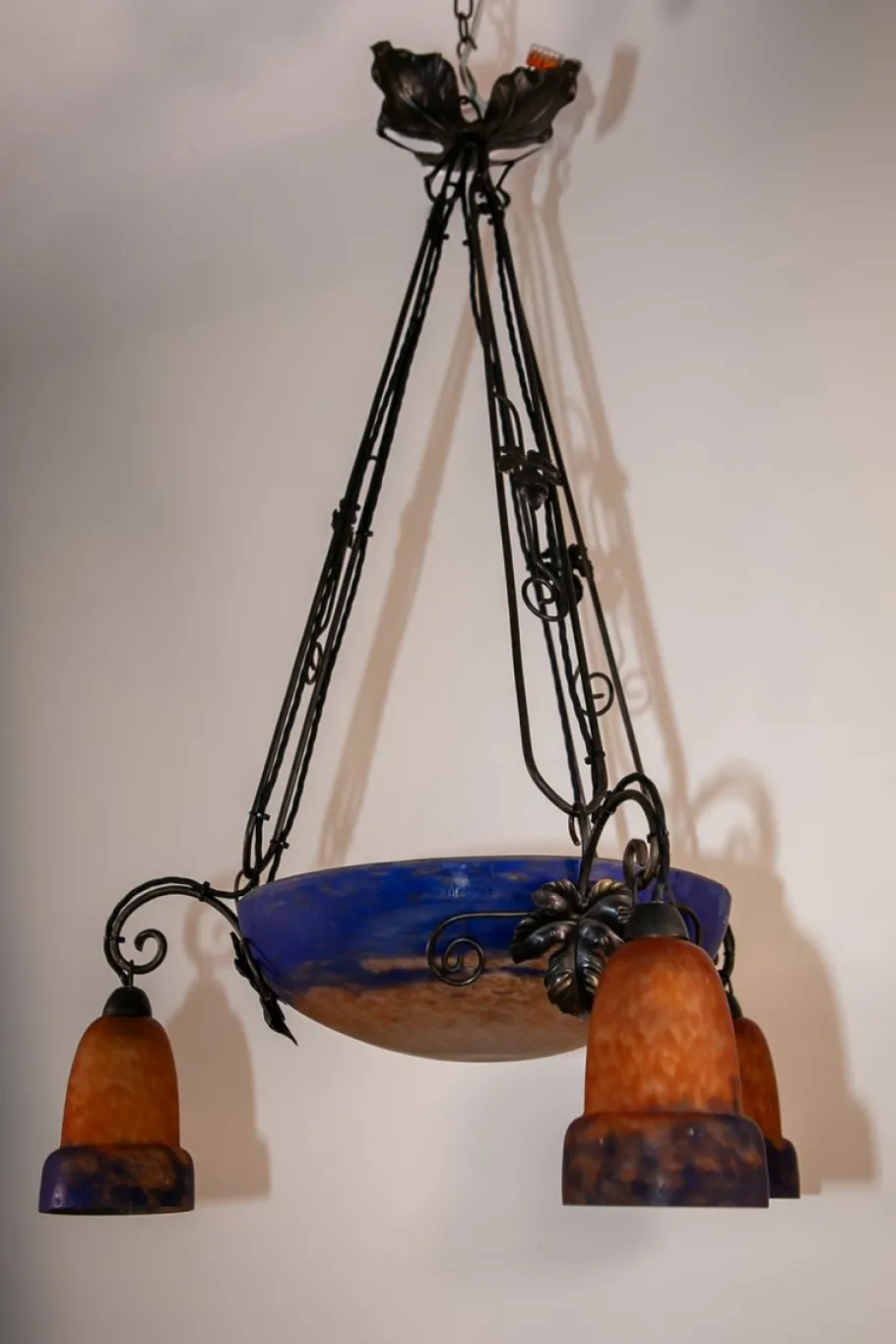 Outlet Pamono Art Deco Wrought Iron and Pate de Verre Lamp by G. V. Croismare for Muller Frères, France, 1925