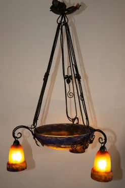 Outlet Pamono Art Deco Wrought Iron and Pate de Verre Lamp by G. V. Croismare for Muller Frères, France, 1925