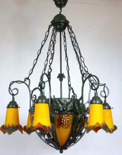 Online Pamono Art Deco Wrought Iron Pate de Verre Glass Chandelier, France, 1990s