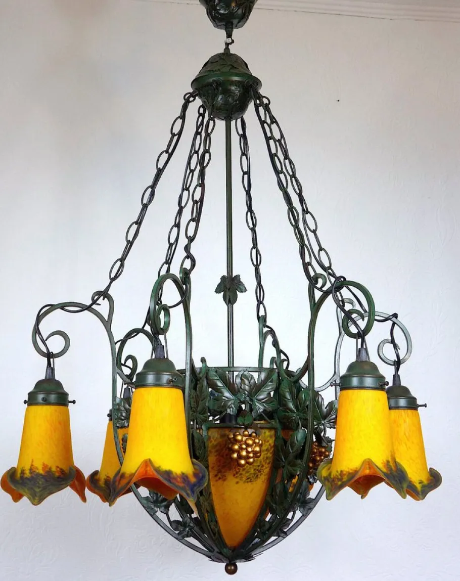 Online Pamono Art Deco Wrought Iron Pate de Verre Glass Chandelier, France, 1990s