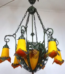 Online Pamono Art Deco Wrought Iron Pate de Verre Glass Chandelier, France, 1990s