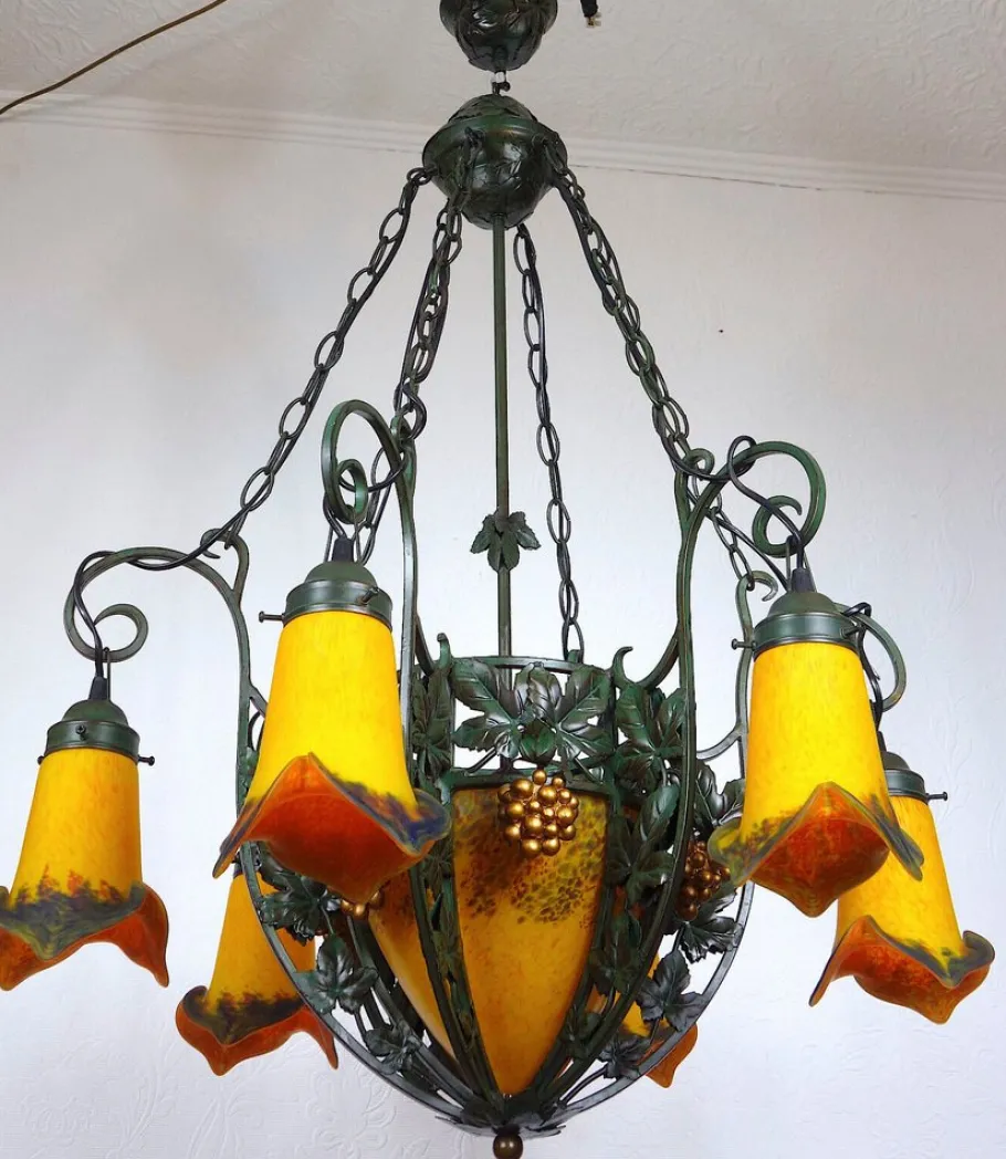 Online Pamono Art Deco Wrought Iron Pate de Verre Glass Chandelier, France, 1990s