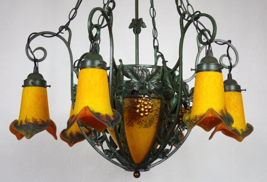 Online Pamono Art Deco Wrought Iron Pate de Verre Glass Chandelier, France, 1990s