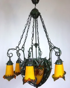 Online Pamono Art Deco Wrought Iron Pate de Verre Glass Chandelier, France, 1990s