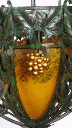 Online Pamono Art Deco Wrought Iron Pate de Verre Glass Chandelier, France, 1990s