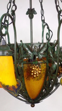 Online Pamono Art Deco Wrought Iron Pate de Verre Glass Chandelier, France, 1990s