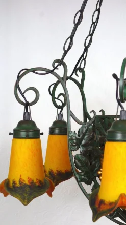 Online Pamono Art Deco Wrought Iron Pate de Verre Glass Chandelier, France, 1990s