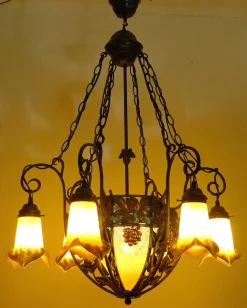 Online Pamono Art Deco Wrought Iron Pate de Verre Glass Chandelier, France, 1990s