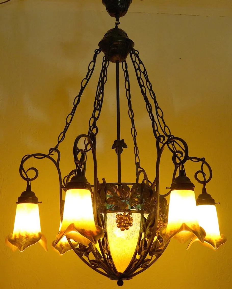 Online Pamono Art Deco Wrought Iron Pate de Verre Glass Chandelier, France, 1990s