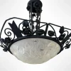 Discount Pamono Art Deco Wrought Iron Suspension with Roses from Verrerie d'Art Degué, 1925