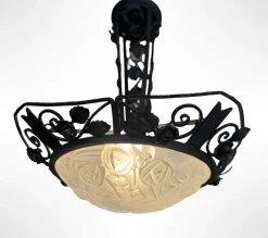 Discount Pamono Art Deco Wrought Iron Suspension with Roses from Verrerie d'Art Degué, 1925