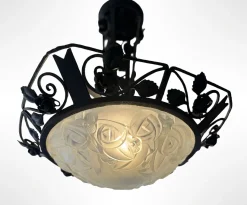Discount Pamono Art Deco Wrought Iron Suspension with Roses from Verrerie d'Art Degué, 1925