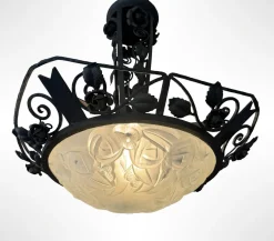 Discount Pamono Art Deco Wrought Iron Suspension with Roses from Verrerie d'Art Degué, 1925
