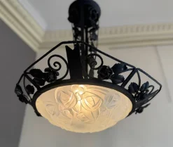 Discount Pamono Art Deco Wrought Iron Suspension with Roses from Verrerie d'Art Degué, 1925