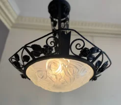 Discount Pamono Art Deco Wrought Iron Suspension with Roses from Verrerie d'Art Degué, 1925