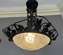 Discount Pamono Art Deco Wrought Iron Suspension with Roses from Verrerie d'Art Degué, 1925