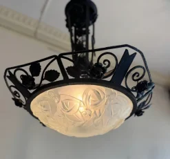 Discount Pamono Art Deco Wrought Iron Suspension with Roses from Verrerie d'Art Degué, 1925