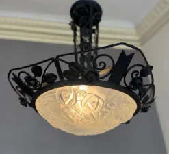 Discount Pamono Art Deco Wrought Iron Suspension with Roses from Verrerie d'Art Degué, 1925
