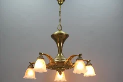 Discount Pamono Art Nouveau Brass and Bronze Five-Light Chandelier with Frosted Glass Shades
