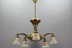 Discount Pamono Art Nouveau Brass and Bronze Five-Light Chandelier with Frosted Glass Shades
