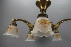 Discount Pamono Art Nouveau Brass and Bronze Five-Light Chandelier with Frosted Glass Shades