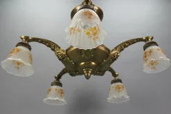 Discount Pamono Art Nouveau Brass and Bronze Five-Light Chandelier with Frosted Glass Shades