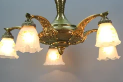 Discount Pamono Art Nouveau Brass and Bronze Five-Light Chandelier with Frosted Glass Shades