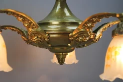 Discount Pamono Art Nouveau Brass and Bronze Five-Light Chandelier with Frosted Glass Shades