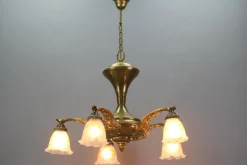 Discount Pamono Art Nouveau Brass and Bronze Five-Light Chandelier with Frosted Glass Shades