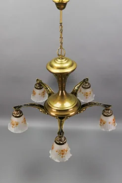 Discount Pamono Art Nouveau Brass and Bronze Five-Light Chandelier with Frosted Glass Shades
