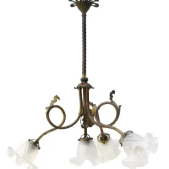 Hot Pamono Art Nouveau Brass and Satin Glasses Five Bulb Holder Chandelier