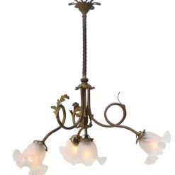 Hot Pamono Art Nouveau Brass and Satin Glasses Five Bulb Holder Chandelier