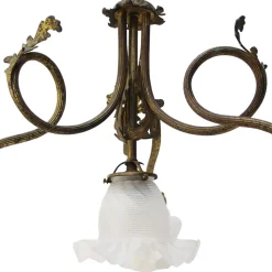 Hot Pamono Art Nouveau Brass and Satin Glasses Five Bulb Holder Chandelier