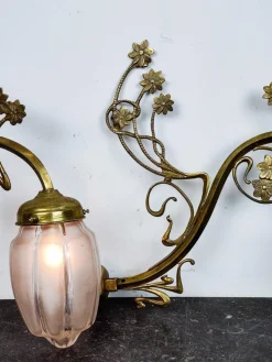 Hot Pamono Art Nouveau Brass Wall Sconce with Floral Details and 2-Tone Glass Shade