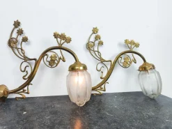 Hot Pamono Art Nouveau Brass Wall Sconce with Floral Details and 2-Tone Glass Shade
