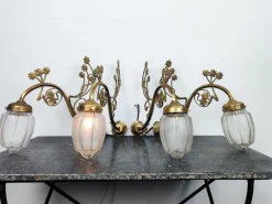 Hot Pamono Art Nouveau Brass Wall Sconce with Floral Details and 2-Tone Glass Shade