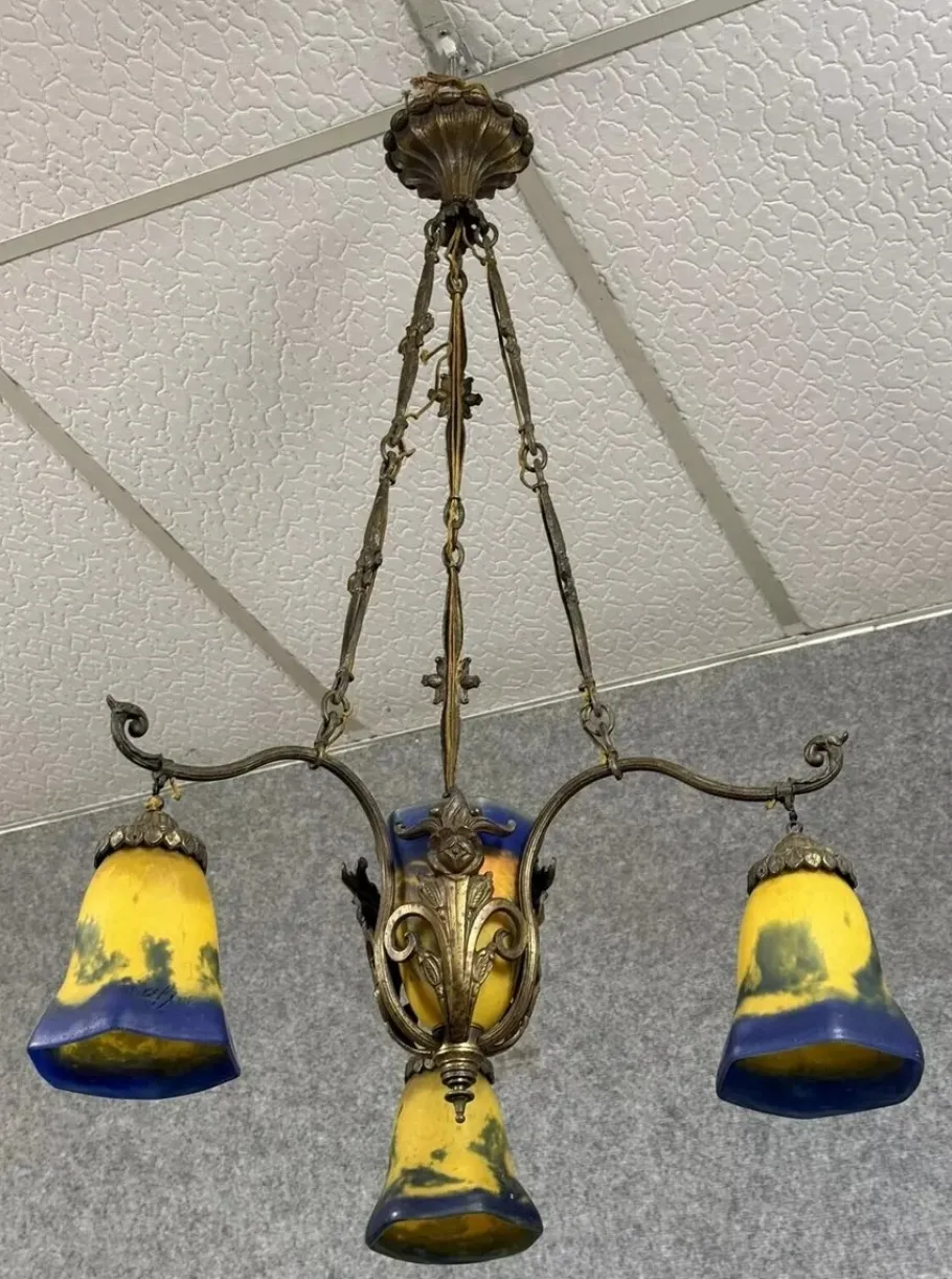 New Pamono Art Nouveau Bronze and Glass Paste Chandelier attributed to Muller for Lafite, 1900