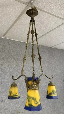 New Pamono Art Nouveau Bronze and Glass Paste Chandelier attributed to Muller for Lafite, 1900