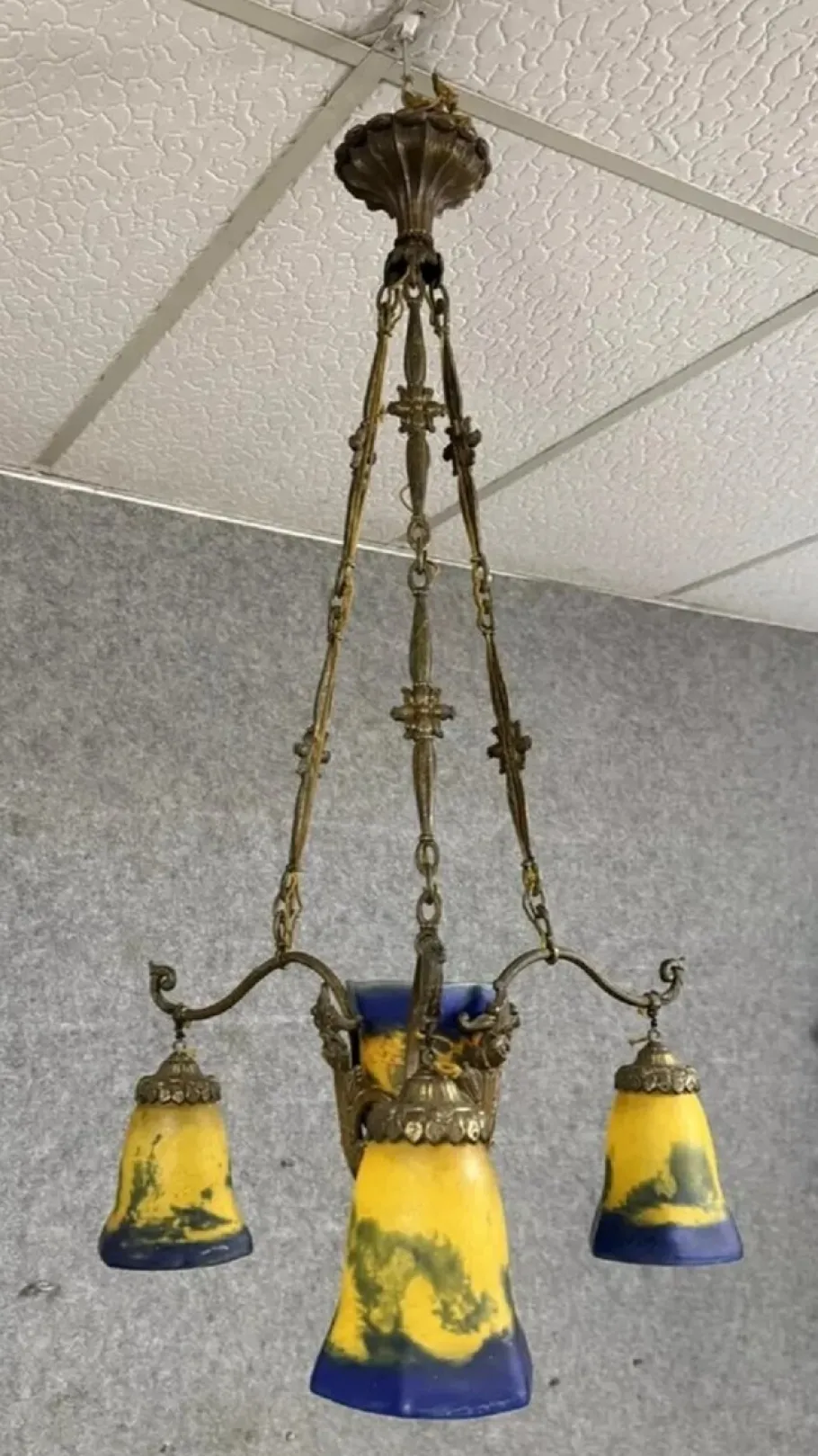 New Pamono Art Nouveau Bronze and Glass Paste Chandelier attributed to Muller for Lafite, 1900