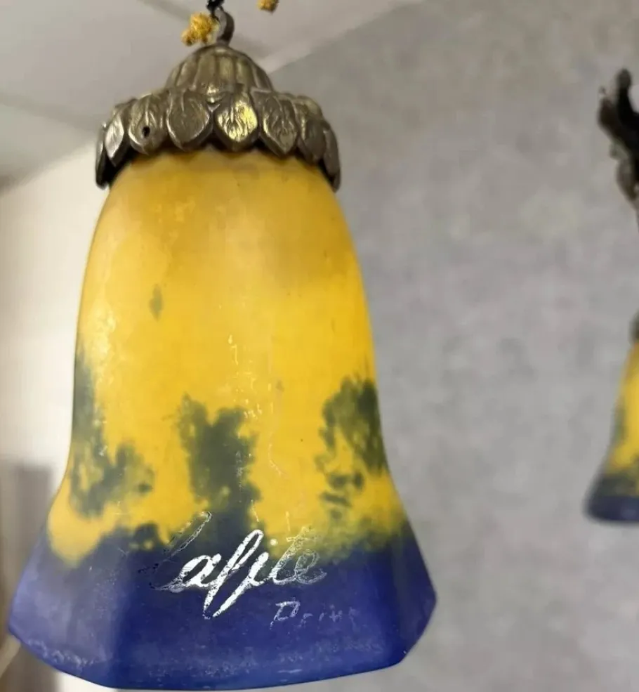 New Pamono Art Nouveau Bronze and Glass Paste Chandelier attributed to Muller for Lafite, 1900