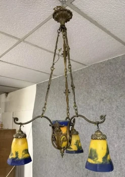 New Pamono Art Nouveau Bronze and Glass Paste Chandelier attributed to Muller for Lafite, 1900