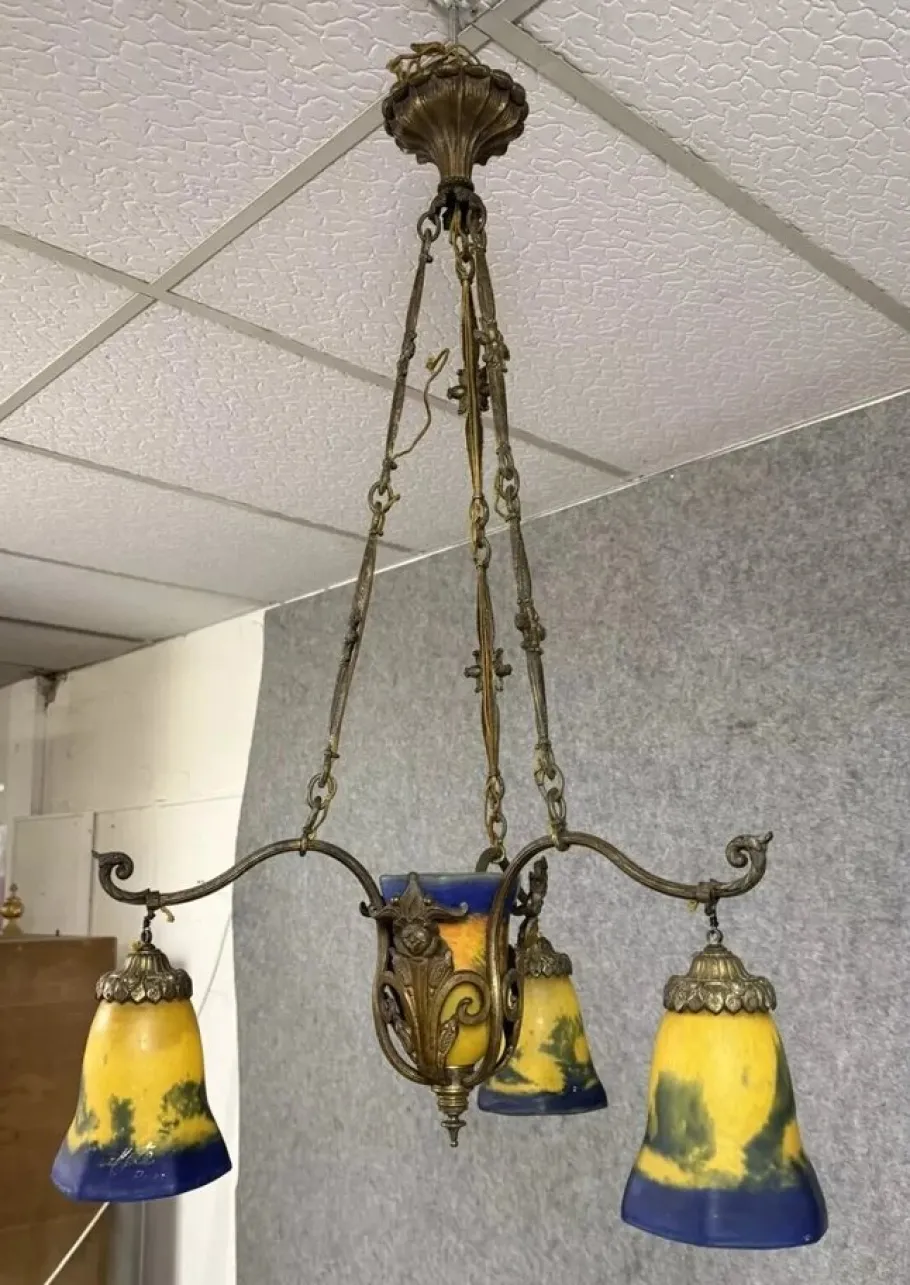 New Pamono Art Nouveau Bronze and Glass Paste Chandelier attributed to Muller for Lafite, 1900
